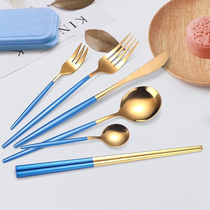 AARAINBOW 8 Pieces Stainless Steel Flatware Set Portable Reusable Cutlery Set Travel Utensils Set Including Chopsticks Knife Fork Spoon Straws Cleaning Brush Dishwasher Safe (Blue Golden)