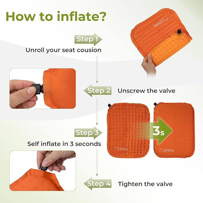 ATEPA Inflatable Stadium Seat Cushion, Self-Inflating Memory Foam Stadium Seats Camping Accessories Chair Pad for Outdoor Airplane Travel Bleacher Patio Backpacking