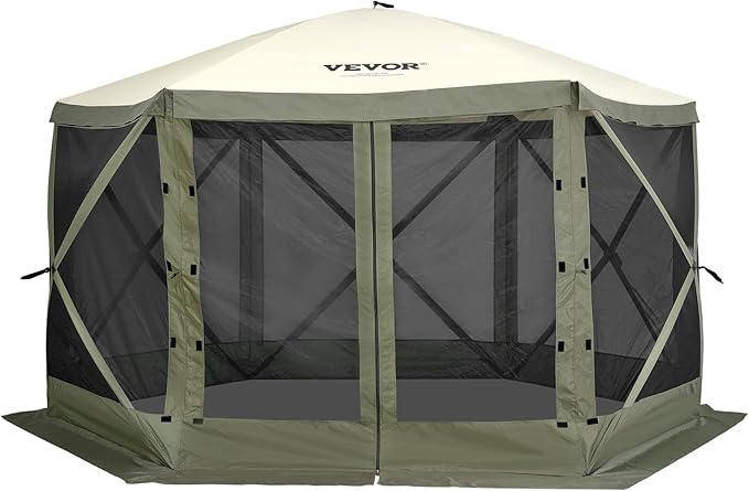 VEVOR Pop Up Gazebo Screen Tent, Instant Gazebo Tent with Mosquito Netting Outdoor Canopy, 6 Sided Sun Shelter 12x12ft w/ 6 Removable Wind Cloths & 2 Mesh Windows, Pavilion Tent for Patio, Army Green