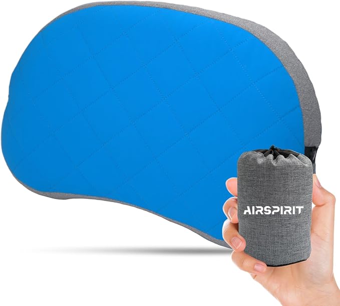 Ultralight Camping Pillow Inflatable with Removable Washable Cover, Compact Travel Pillow for Neck Support, Hiking, Backpacking, Office, Airplane, Car & Beach - Adjustable Firmness (Blue)