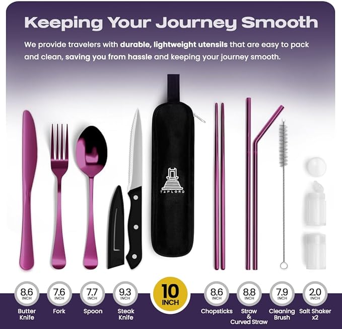 Portable Travel Silverware Set With Case, Includes 10 Pcs of Travel Utensils With Case, Stainless Steel Flatware Set For Camping, Lightweight (Purple)
