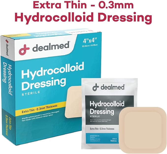Dealmed Hydrocolloid Dressings – 4” x 4” Extra Thin Hydrocolloid Bandages, Wound Care Products for First Aid Kits, Box of 10, 24 Per Case and Individually Packed