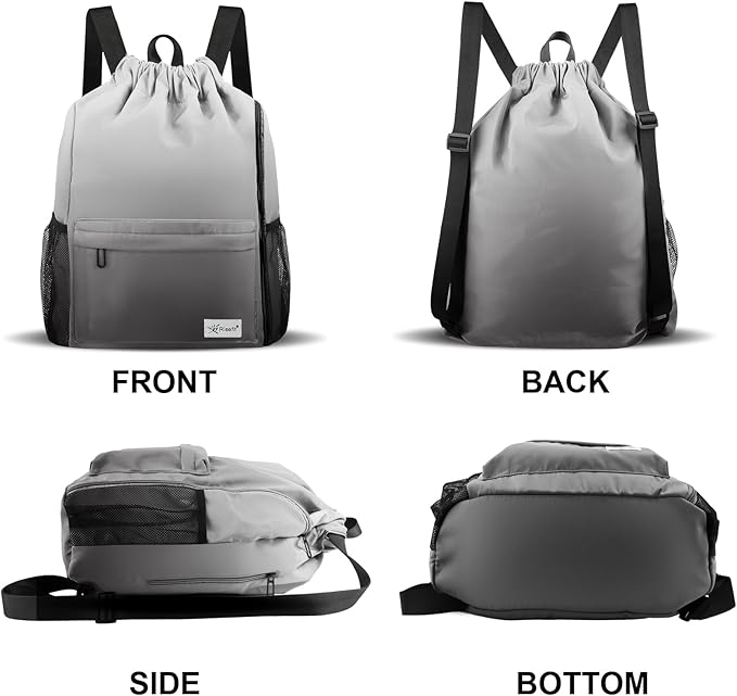 Drawstring Backpack with Mesh Pockets String Gym Bag Sackpack Sandproof Water Resistant Beach Backpack for Men Women