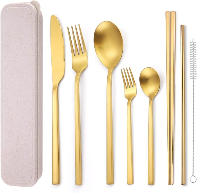 AARainbow 8 Pieces Stainless Steel Flatware Set Portable Reusable Cutlery Set Travel Utensils Set Including Chopsticks Knife Fork Spoon Straws Cleaning Brush Dishwasher Safe (B-Golden)