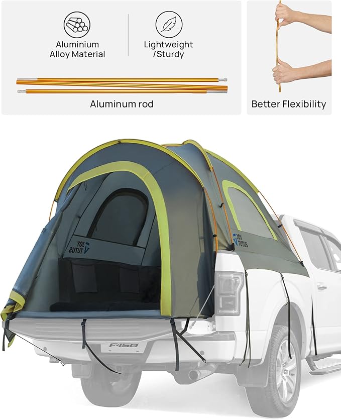 JOYTUTUS Pickup Truck Tent 6.5ft 2.0, Waterproof PU2000mm Double Layer for 2 Person, Portable Truck Bed Tent with Rainfly, Green, Aluminum Pole