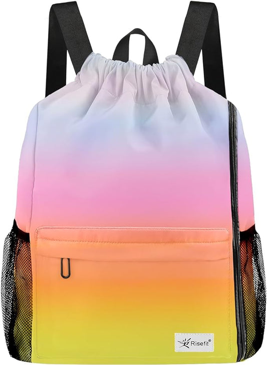 Drawstring Backpack with Mesh Pockets String Gym Bag Sackpack Sandproof Water Resistant Beach Backpack for Men Women