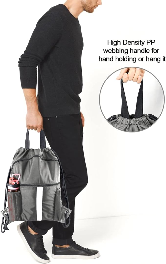 BeeGreen Drawstring Backpack Bag with Shoe Compartment, X-Large Black Gym Sports String Cinch Backpack