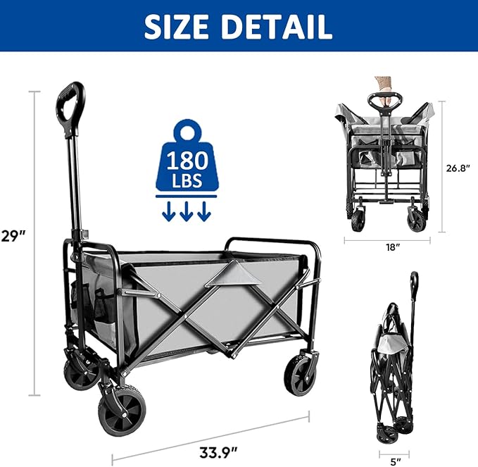 Collapsible Wagon Cart Foldable Portable Heavy Duty Folding Beach Wagons, Outdoor Utility Carts with Large Capacity for Grocery, Camping, Shopping, Fishing, Sports, Garden Gray