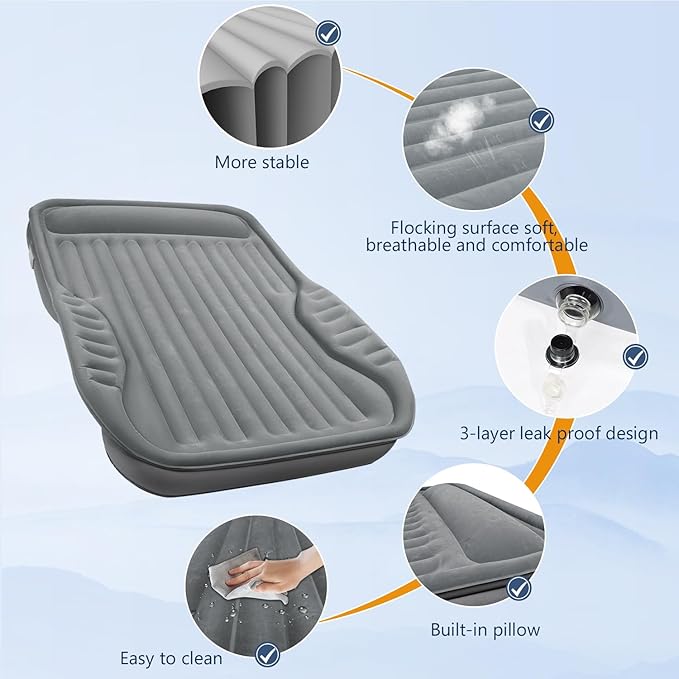 Self-Inflating SUV Air Mattress with Built in Electric Pump,car air Mattress with Pillow for Trunk,Portable car Mattress for Travle and Camping, Gray