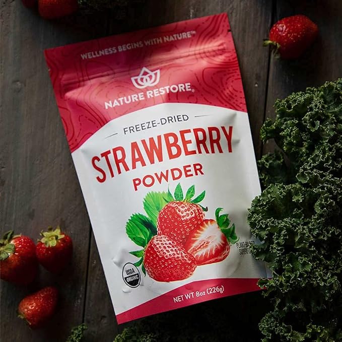 Nature Restore USDA Certified Organic Freeze Dried Strawberry Powder, 8 Ounces, Non GMO, Gluten Free, Vegan