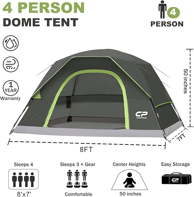 CAMPROS CP Tents for Camping 4/6 Person Tent Waterproof Windproof Double Layer Camping Tent, Easy Setup Dome Tent with Large Mesh Windows & Wider Door for Outdoor Camping & Hiking