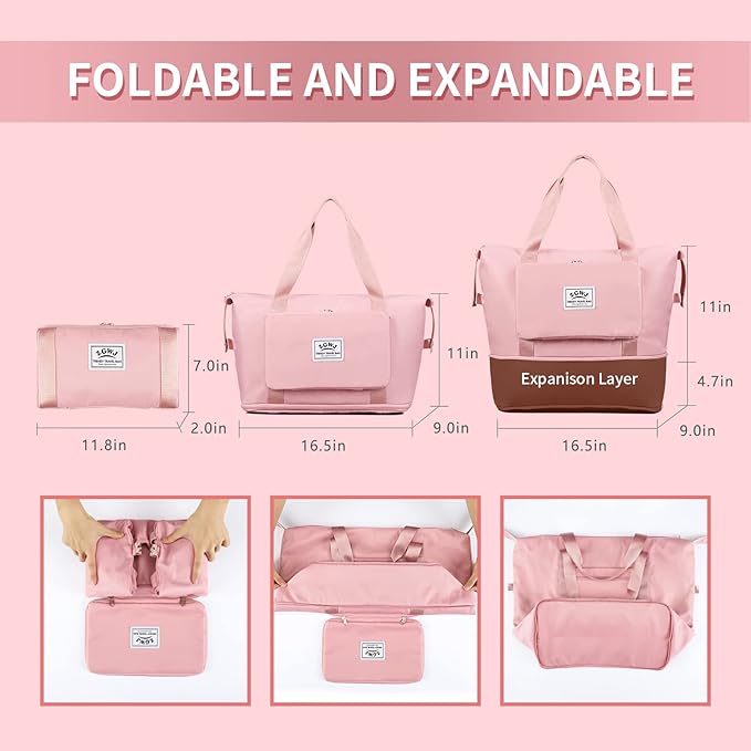 Expandable Travel Duffel Tote Bag - Foldable Overnight Weekender, Carry-On, Swim & Gym Bag - Fits Spirit Airlines Personal Item Size - Lightweight, Waterproof & Durable with Trolley Sleeve, Light Pink