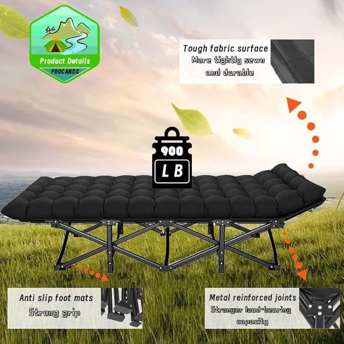 Camping Cot, Folding Cot Camping Cots for Adults Portable Folding Outdoor Bed with Mat and Carry Bag, Heavy Duty Sleeping Cots for Outdoor Travel Camp Beach Vacation (Black)