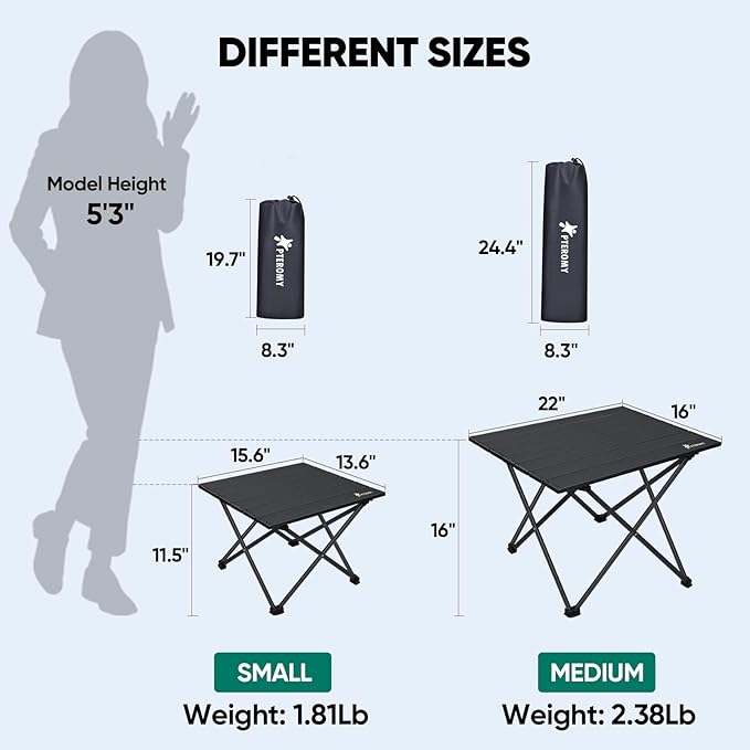 PTEROMY Folding Camping Table, Portable Beach Table with Ultralight Aluminum Tabletop for Travel, Outdoor, Camping, Picnics, and BBQs (Small, Black)