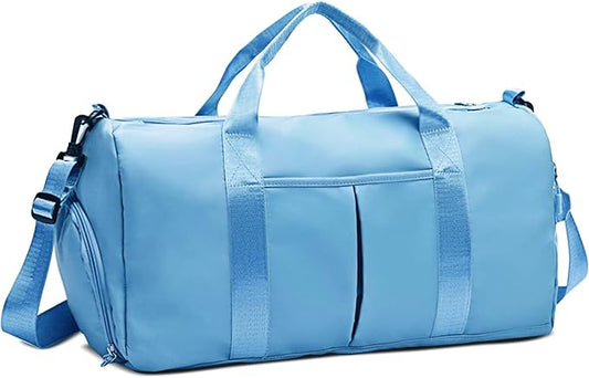 ZGWJ Sports Gym Bag with Wet Pocket & Shoes Compartment, Waterproof Shoulder Weekender Bag for Women and Men Swim Sports Travel Gym Bag Lightweight and easy Carry on Light Blue