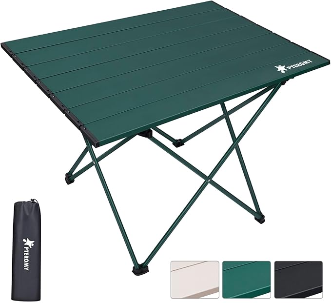 PTEROMY Folding Camping Table, Portable Beach Table with Ultralight Aluminum Tabletop for Travel, Outdoor, Camping, Picnics, and BBQs (Medium, Green)
