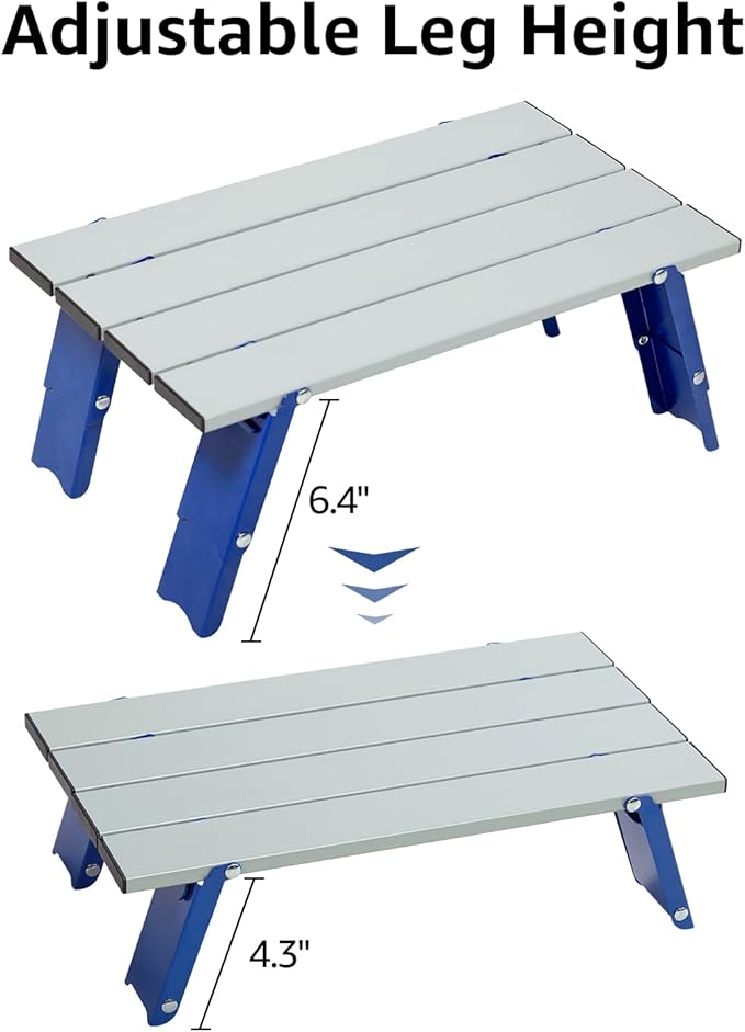 PORTAL Folding Mini Small Beach Table, Portable Aluminum Beach Table with Retractable Legs and Carry Bag for Outdoor Picnic/Cooking/Camp/Travel/Beach,15" L x 8" W x 6" H, Silver/Blue