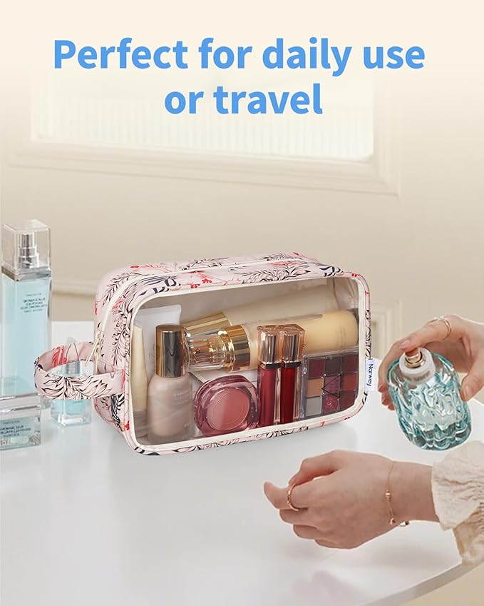 Narwey Clear Makeup Bag Cosmetic Bag with Zipper for Travel, Clear Toiletry Bags for Traveling Toiletries Women Men, Make Up Pouch with Handle, Skincare Bag (Beige Flamingo)