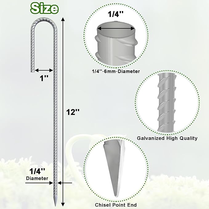VVOKGO Rebar-Stakes-12-Inch Galvanized Ground Spikes,50 Pack J Hook Tent Stakes Heavy Duty Anti-Rust Fence Anchors with Chisel Point End, Securing Pins, Soccer Goals, Camping Tents, Garden Decoration