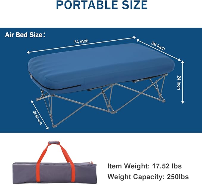 KAMPKEEPER Camping Cot,Folding Camping Bed with Inflatable Air Mattress and Carry Bag,for Outdoor Travel Camp Beach Vacation,(not Included The Airpump)
