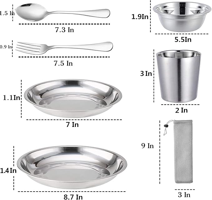 Stainless Steel Bowl Set Kit Polished Stainless Steel Dishes Set| Tableware| Dinnerware| Camping| Buffet| includes - Cups | Plates| Bowls| Cutlery| Comes in Bags