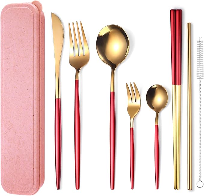 AARAINBOW 8 Pieces Stainless Steel Flatware Set Portable Reusable Cutlery Set Travel Utensils Set Including Chopsticks Knife Fork Spoon Straws Cleaning Brush Dishwasher Safe (Red Golden)