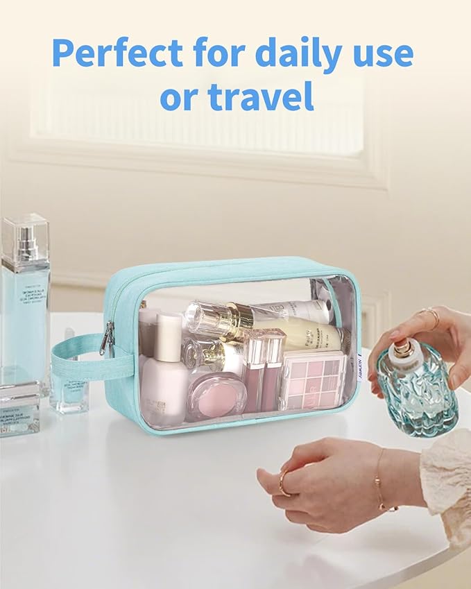 Narwey Clear Travel Toiletry Bags for Traveling Toiletries Men Women, Clear Makeup Bag Cosmetic Bag with Zipper, Make Up Pouch Organizer Bags with Handle, Skincare Bag (Mint Green)