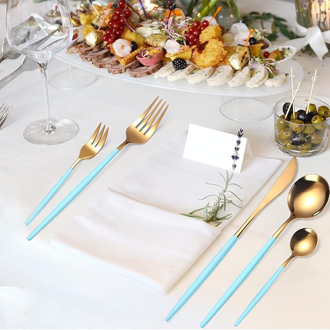 AARainbow 8 Pieces Stainless Steel Flatware Set Portable Reusable Cutlery Set Travel Utensils Set Including Chopsticks Knife Fork Spoon Straws Cleaning Brush Dishwasher Safe (Light blue Golden)