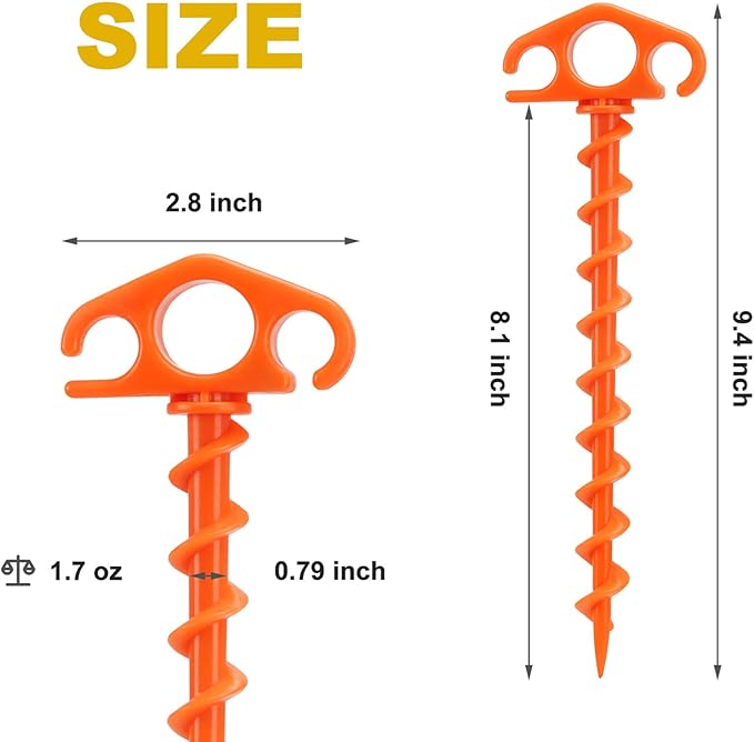 Tent Stakes Sand Stakes for Beach Tent Spiral Anchor Stakes 9.4 Inch Heavy Duty Screw Canopy Stakes for Camping, Hiking and More (6, Orange)
