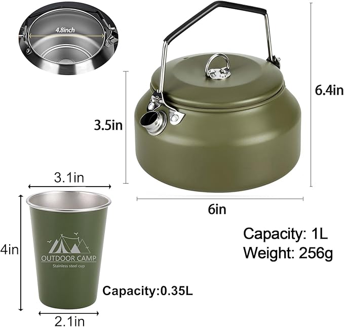 3PCS Camping Kettle Outdoor Campfire Camp Kettle Set with 2 Cups, 1L Stainless Steel camping tea kettle Coffee Pot, Portable Lightweight Teapot, Ideal for Hiking Picnic Travel, Green