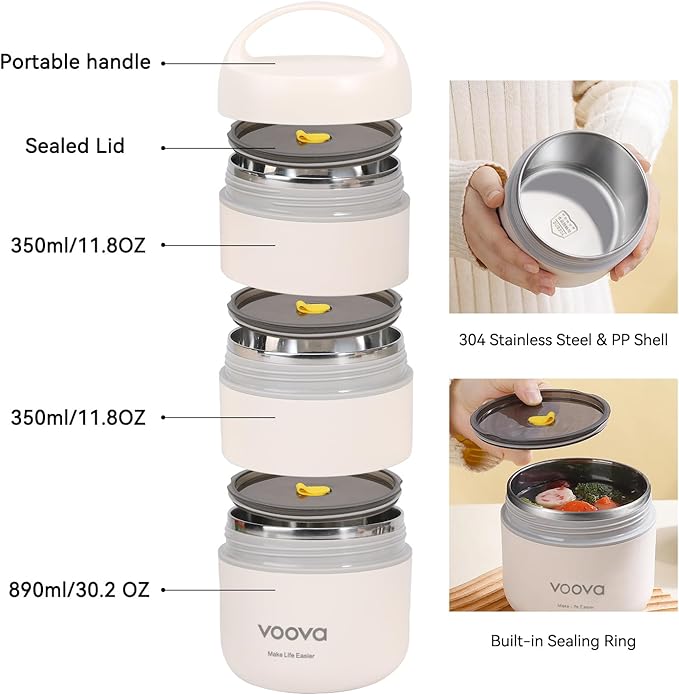 Voova Stackable Stainless Steel Thermal Lunch Box with Lunch Bag and Cultery Set for Adult Women Men, 3 Tier Leakproof All-in-One Insulated Bento Boxes Food Container for Work, Black
