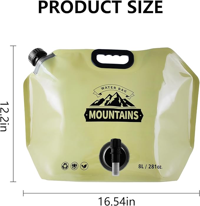 Collapsible 8L Water Storage Bag, BPA-Free Portable Folding Water Jug with Adjustable Faucet, Leakproof Emergency Water Bag for Camping, Hiking, Riding, Outdoor Sport (BEIGE & GREEN, 2)