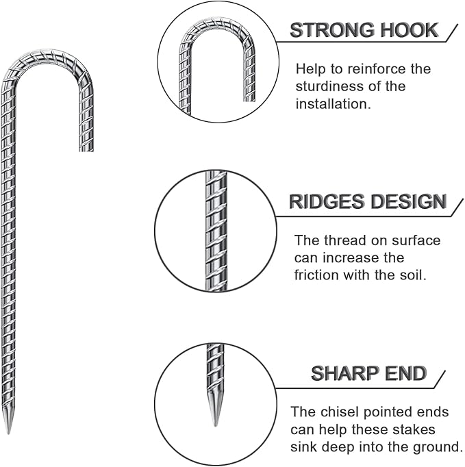 Rebar Stakes 12 Inch 10 Pack Tent Stakes Heavy Duty Metal J Hook, Fence Stakes for Trampoline, Fence, Camping Tent (17, J-16 x2/5")