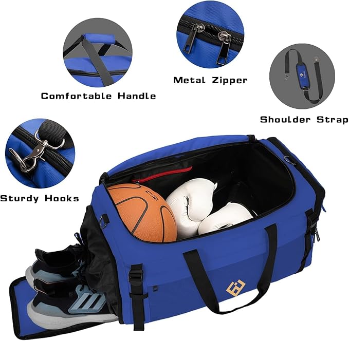 Eackrola Extra Large Sports Gym Bag, Travel Duffel bag with Wet Pocket & Shoes Compartment for men women, 85L, Lightweight (Blue)