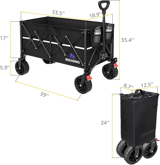 Folding Wagon Cart with Wheels Foldable - Collapsible Wagons Carts Heavy Duty, Fold Up Portable Utility Wagon for Grocery Beach Sports Fishing Camping Shopping Black