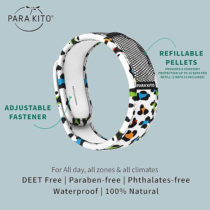 PARA'KITO Mosquito Insect & Bug Protection Wristband - Mosquito Stickers, Bug Spray Alternative - Summer Essentials, Beach Accessories, Hiking, Camping Essentials - w/Essential Oils (Leopard White)