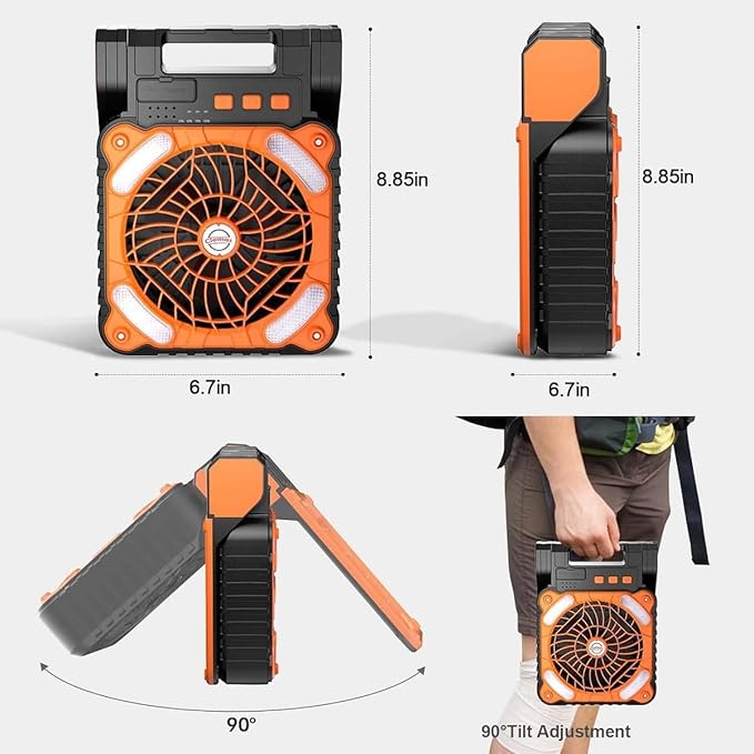 Solar Powered Fan for Camping ,Camping Fan with Light - 10400mAh Rechargeable Battery Fan Ventilator for Tents Home & Outdoor Activities
