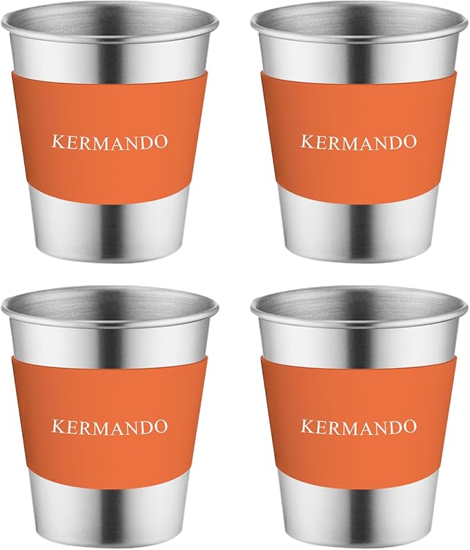 Camping Kettle Set, 1.5 L Stainless Steel Kettle with 4 Stackable 300 ML Cups, Anti-Scald Handle, Removable Silicone Covers, and Mesh Bag - ideal for Boiling Water and Making Coffee Outdoors