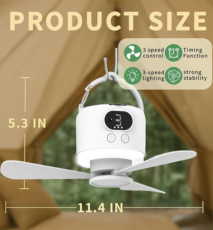 Wireless Portable Ceiling Fan with Remote, 3-Blade Design, 10040mAh Battery Operated, USB Rechargeable Hanging Fan with Hook for Tent, Camping, Outdoor, Emergency Use(White)
