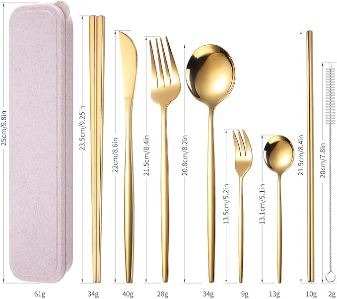 AARAINBOW 8 Pieces Stainless Steel Flatware Set Portable Reusable Cutlery Set Travel Utensils Set Including Chopsticks Knife Fork Spoon Straws Cleaning Brush Dishwasher Safe (Golden)