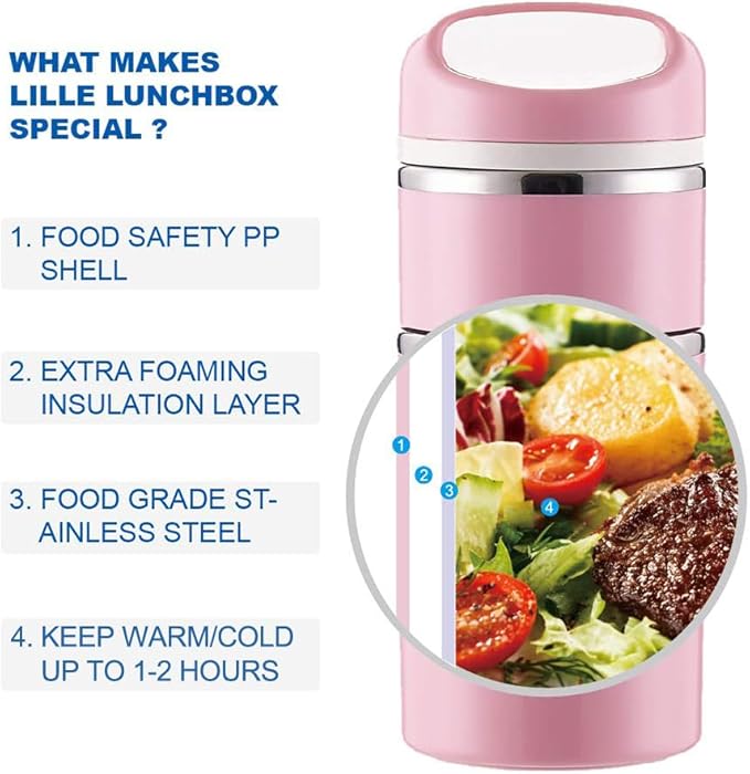 Lille Home Stackable Stainless Steel Thermal Compartment Lunch/Snack Box, 3-Tier Insulated Bento/Food Container with Lunch Bag and 3 Extra Silicone Seals, 43OZ, Pink