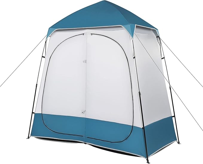 Outvita Oversize 2 Rooms Shower Tent, 7.5 FT Outdoor Pop up Changing Room, Instant Extra Wide Privacy Shelter for Camping Dressing Toilet Bathroom with Carry Bag, Blue & White