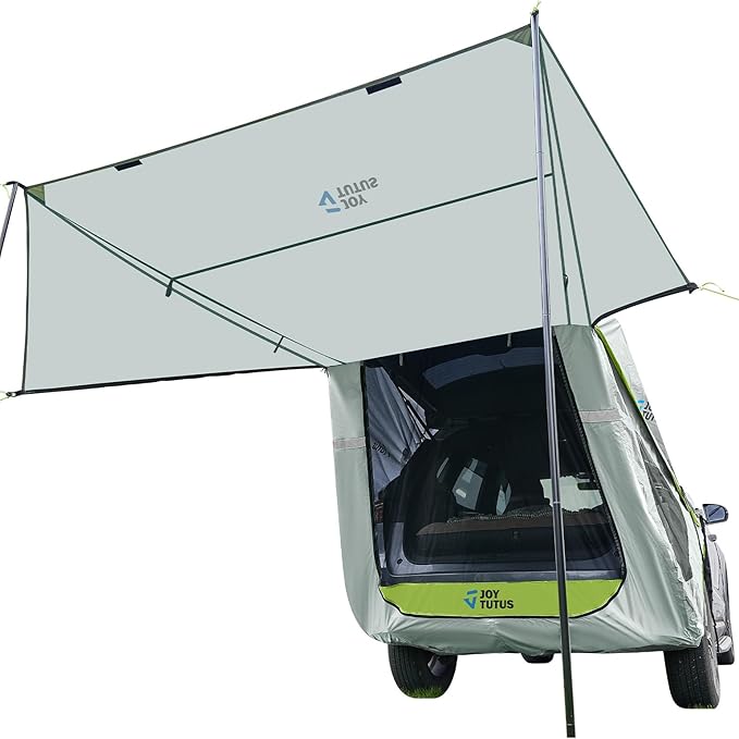JOYTUTUS SUV Tailgate Tent with Three Sides Awning and Poles, Water Resistant SUV Camping Tent with Car Roof Cover, Outdoor Travel Preferred, Universal Fit Most Car, Grey Green
