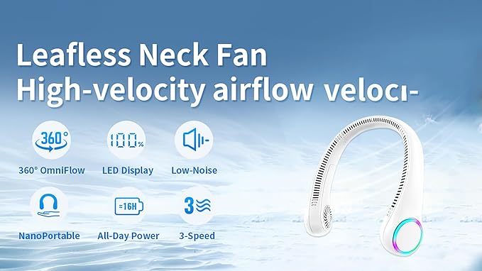 Neck Fans:Portable Personal Neck Cooling Rechargeable Bladeless Fan - Hands Free 3 Speed 4000 mAh Battery USB for Wearable Headphones Design - Men Women Outdoor Indoor (White)