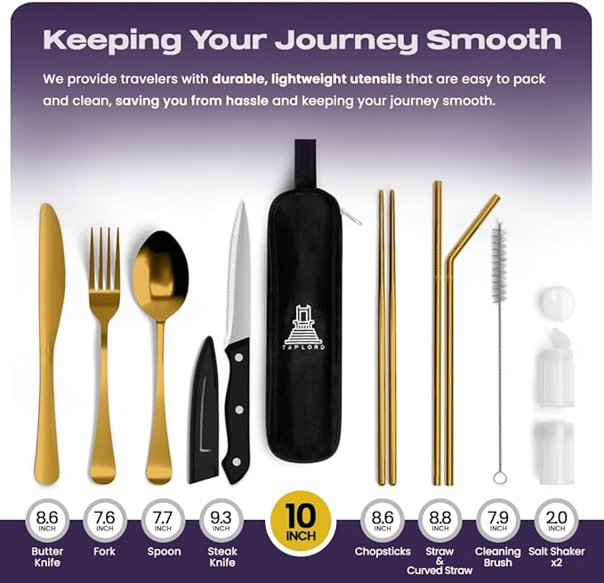Portable Travel Silverware Set With Case, Includes 10 Pcs of Travel Utensils With Case, Stainless Steel Flatware Set For Camping, Lightweight (Gold)