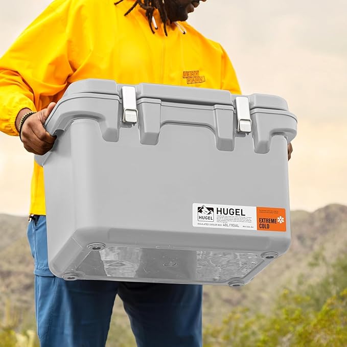IRIS USA Hugel 44 QT Cooler, Heavy Duty Metal Buckles, Leak-Free Design, Durable Hard Cooler, Ice Chest with Bungee Strap, Molded Handles, Fishing Camping Boat Beach Tailgating Road Trips, Light Gray