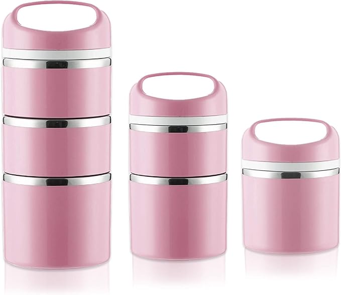 Lille Home Stackable Stainless Steel Thermal Compartment Lunch/Snack Box, 3-Tier Insulated Bento/Food Container with Lunch Bag and 3 Extra Silicone Seals, 43OZ, Pink
