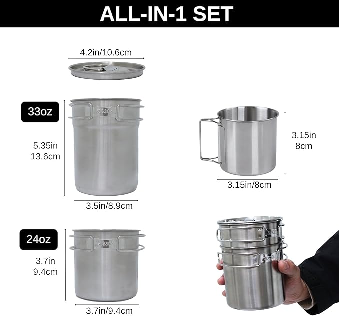 BeGrit Camping Cups Mugs Camping Pot Food Grade 304 Stainless Steel Outdoor Camp Cooking Cookware Set for Hiking Backpacking Hunting