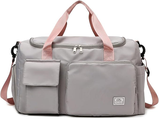 Travel Duffel Tote Bag with Dry Wet Separation Pocket, Weekender Bag for Women and Men,Waterproof Bag with Shoe Compartment Lightweight and Easy Carry on Grey