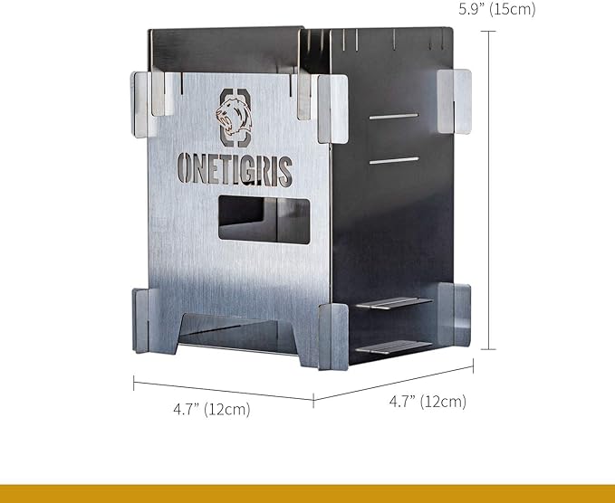 OneTigris ROCUBOID Camping Stove Foldable, Lightweight Portable Wood Burning Stove Stainless Steel with Pocket for Camping Hiking Backpacking Survival Outdoor Cooking Pinic BBQ